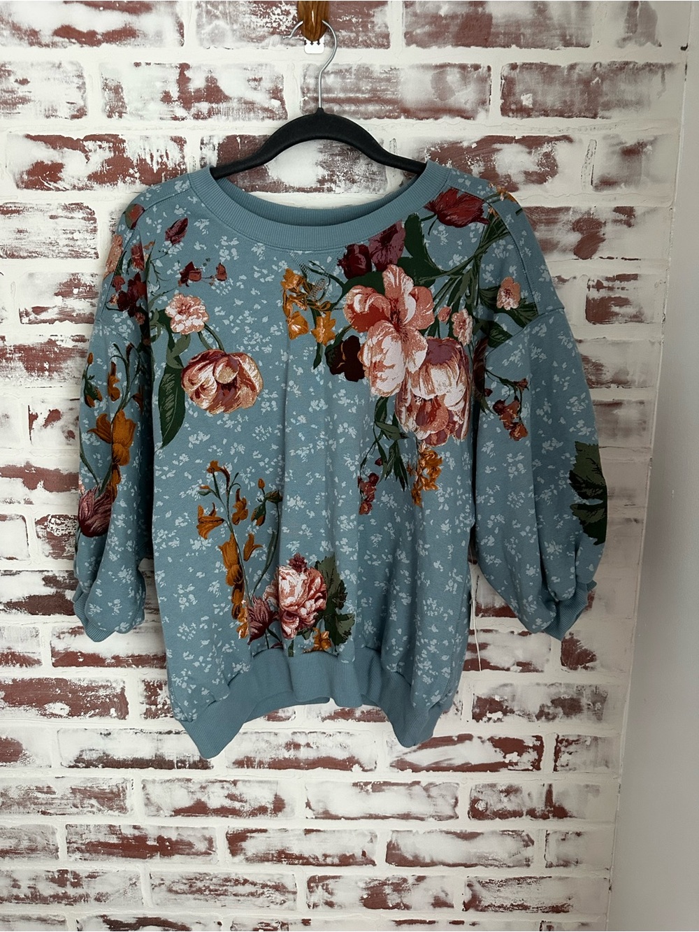 Pilcro Floral Bubble Sweatshirt in Dusty Blue with Pink & Orange Blooms - Picture 2 of 6
